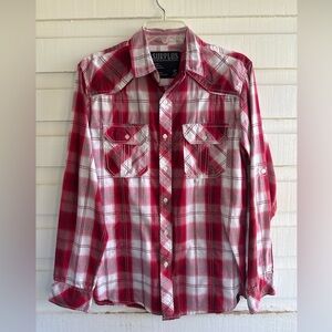 Men's Surplus Red Plaid Button Up Roll Tab Long Sleeve Shirt Size S